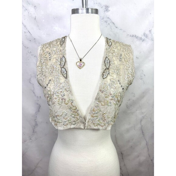 Vtg 60s Lace Shrug Vest Bolero Sz S Gray Sequence Embroidery Romantic Art Deco - Picture 4 of 16